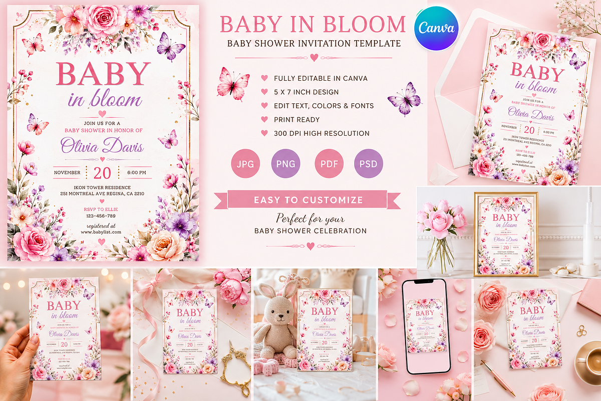 Baby in Bloom Shower Flyer Template, a Flyer Template by S Graphic Studio (Photo 1 of 11)