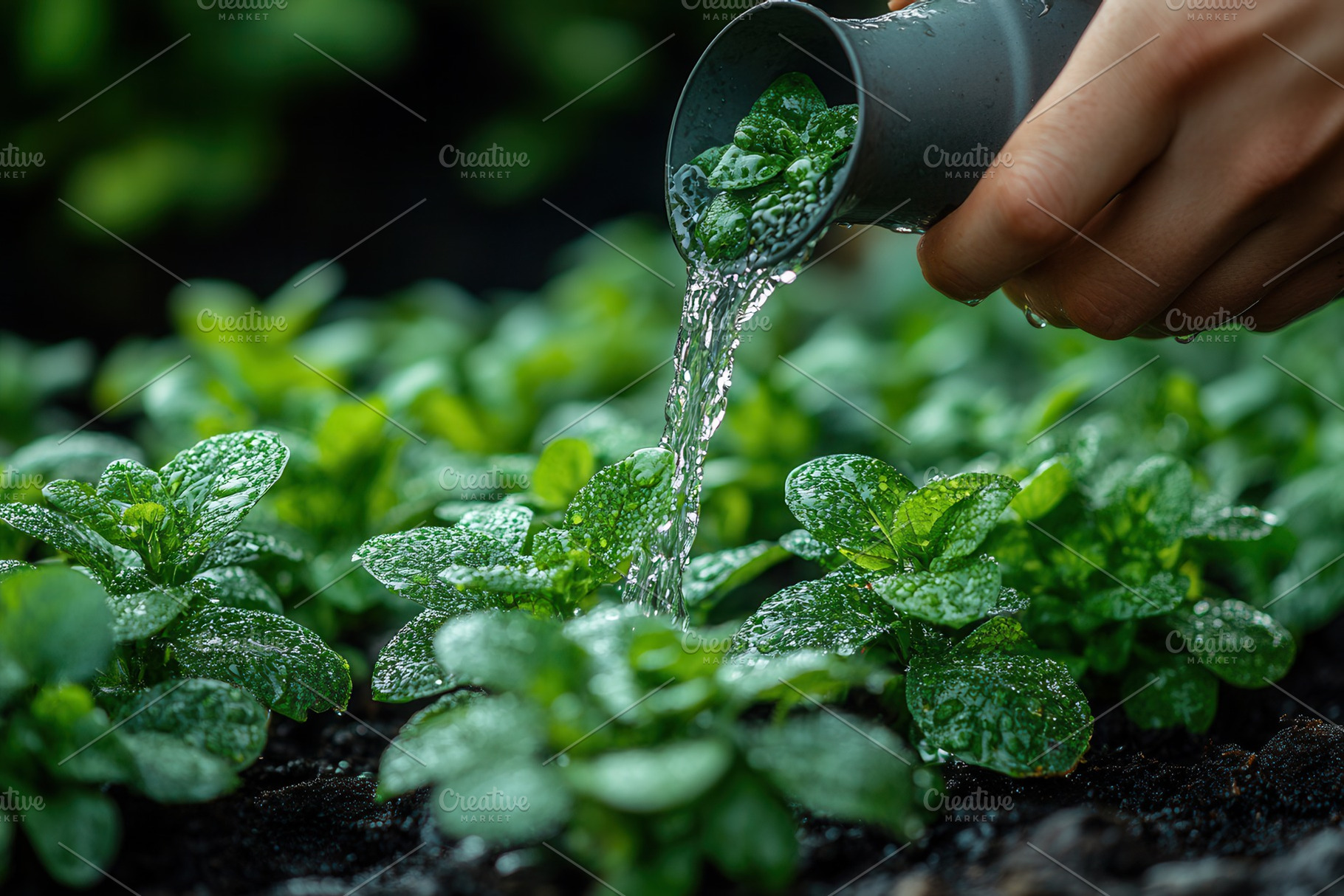 Watering fresh mint plants in a lush, a Photo by Tanuart
