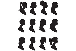 Set Of Female Silhouettes Portraits