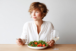Smiling woman in white shirt sitting, a Food & Drink Photo by MistyDay