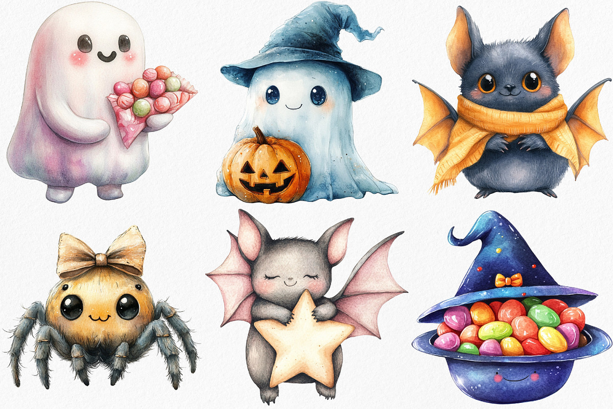 Watercolor Kawaii Halloween Clipart, an Illustration by Canvas Craft (Photo 2 of 8)