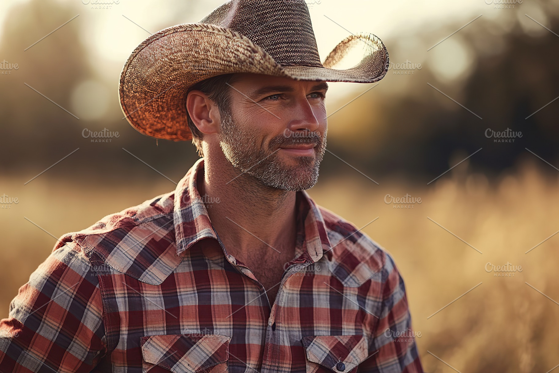 Mature American cowboy in a plaid shirt and wide-brimmed hat enjoying a golden, a Person Photo by AlyaAnd