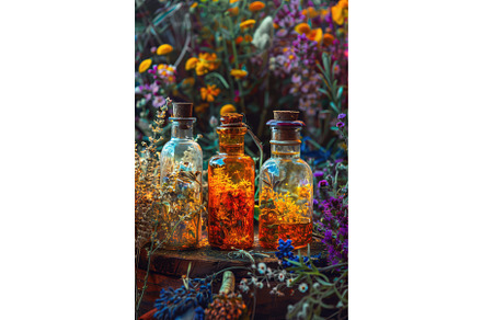 Bottles with herbal tinctures on a