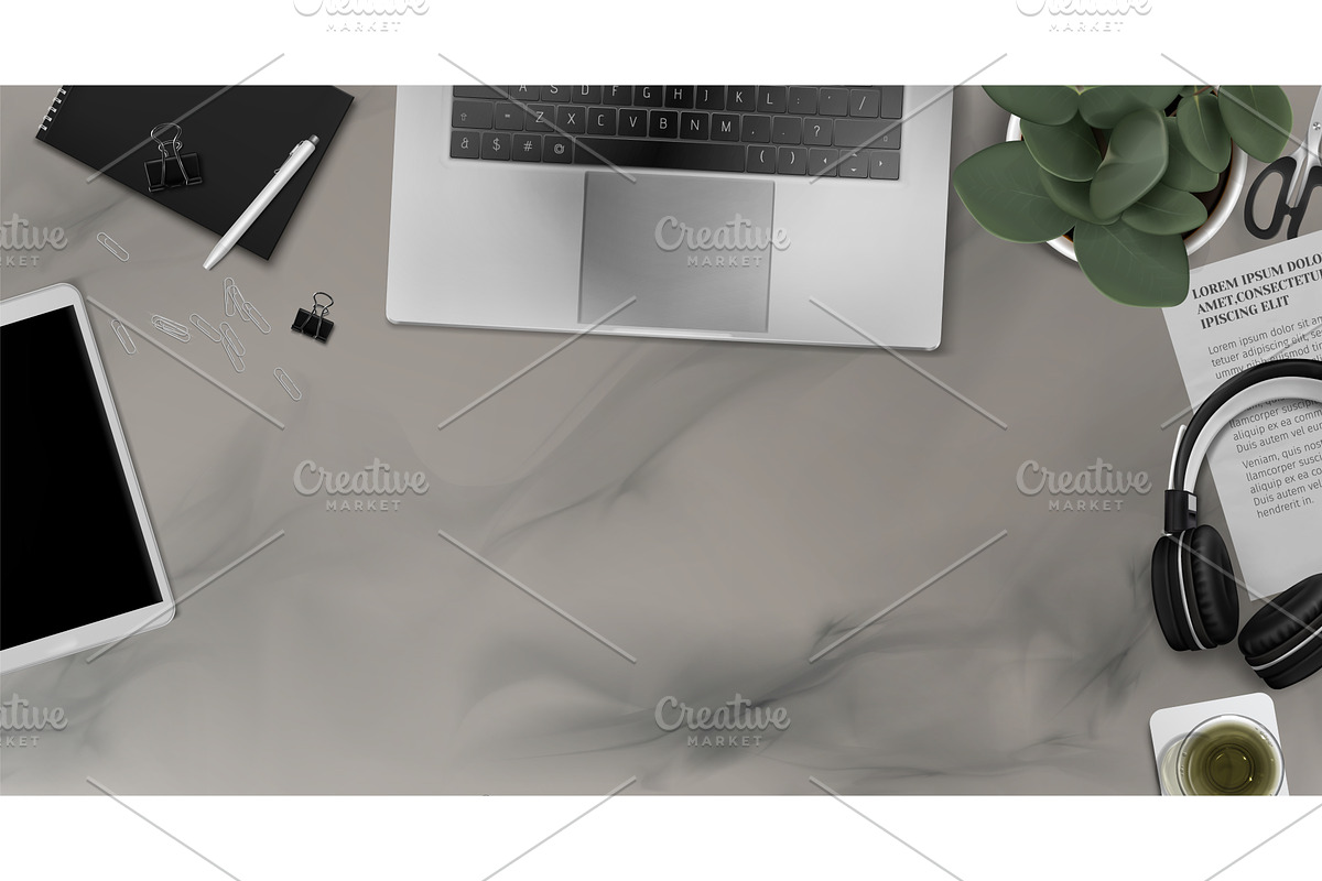 Office desk top view with laptop and, an Object Illustration by art PVP - market