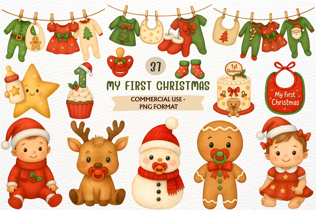 First Christmas PNG Baby Shower Set, a Seasonal Illustration by SugarCloudStudioArt (Photo 1 of 5)