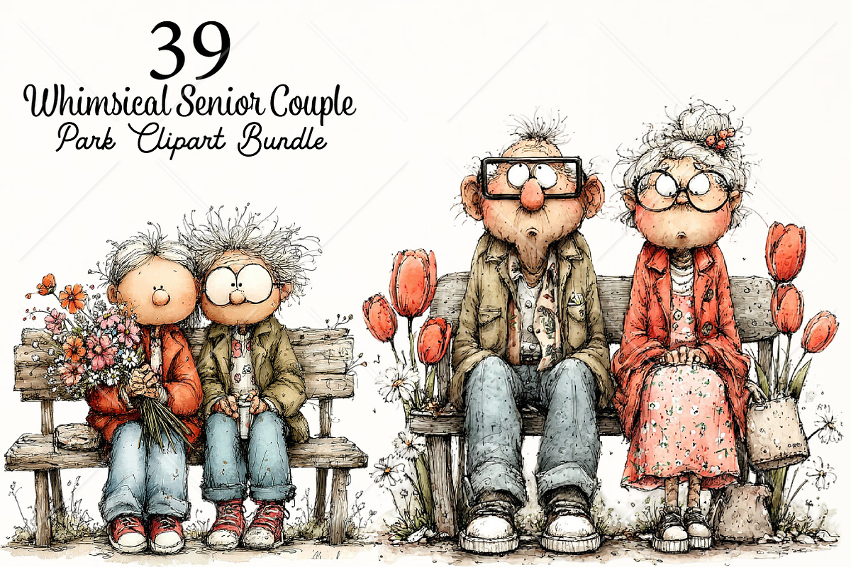 Whimsical Senior Couple Park Clipart, a Seasonal Illustration by Canvas Craft (Photo 1 of 10)