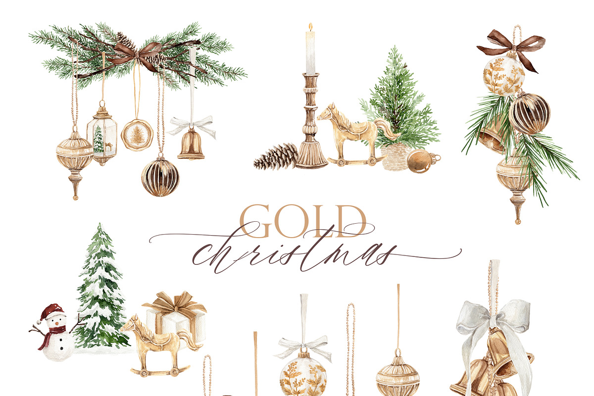 Gold Christmas Watercolor Clipart, a Decorative Illustration by Beigetime (Photo 7 of 18)