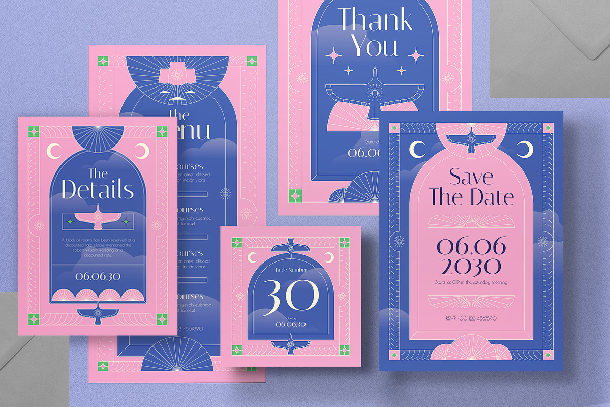 Pink Art Deco Wedding Invitation Set, an Invitation Template by graphicook (Photo 2 of 3)