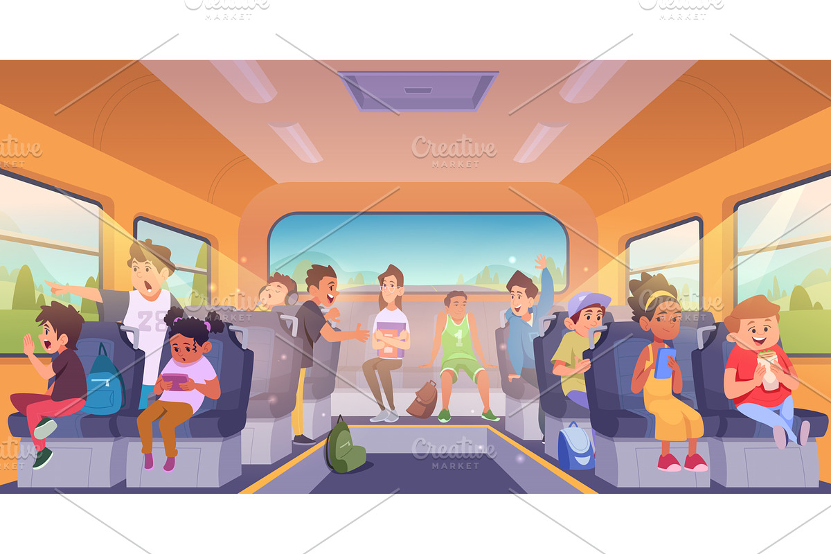 School bus. Little characters pupils, a Person Illustration by Onyx
