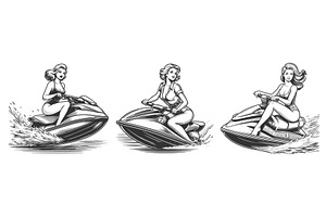 Pin-Up Style Woman Riding Jet Ski, a Person Illustration by AlexArt