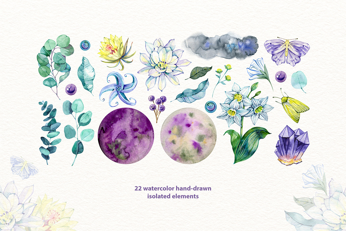 Moon Flowers. Watercolor Clipart Set, a Decorative Illustration by NataliMiasStore (Photo 2 of 6)