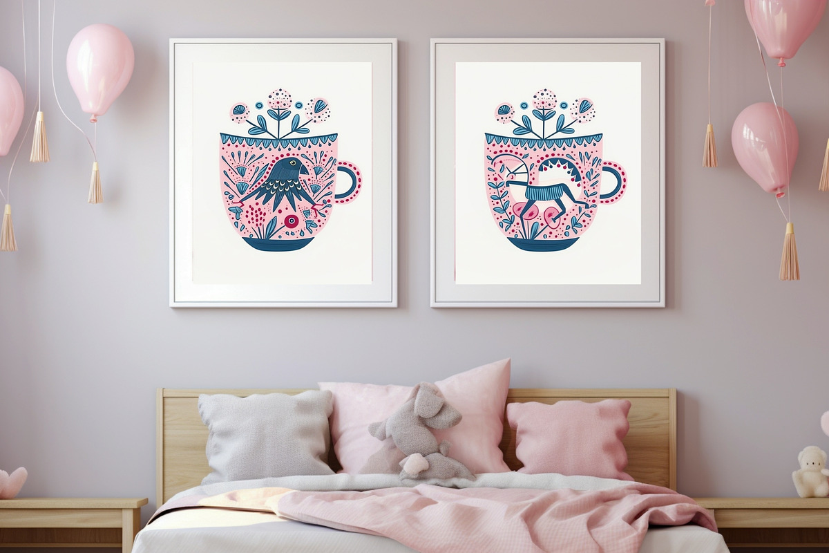 8 pink folk flower in cup print, a Decorative Illustration by ARTOZEN DIGITAL (Photo 8 of 10)