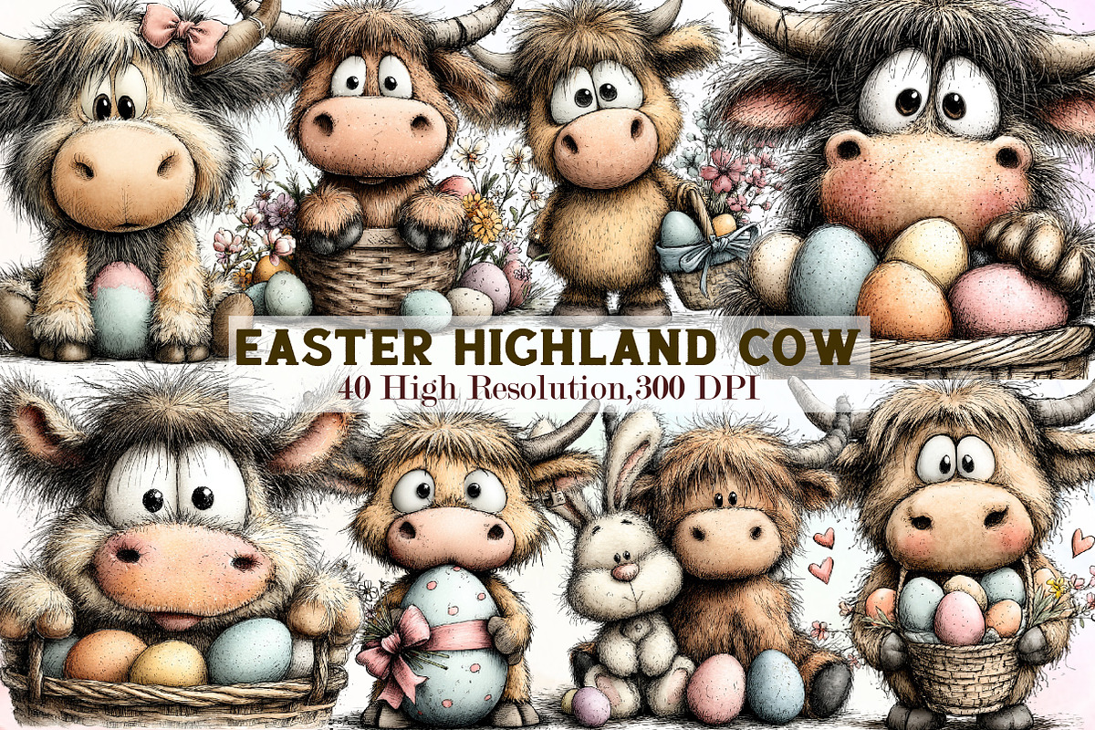 Whimsical Easter Highland Cow Clipar, an Illustration by Sublimation Artist (Photo 1 of 6)