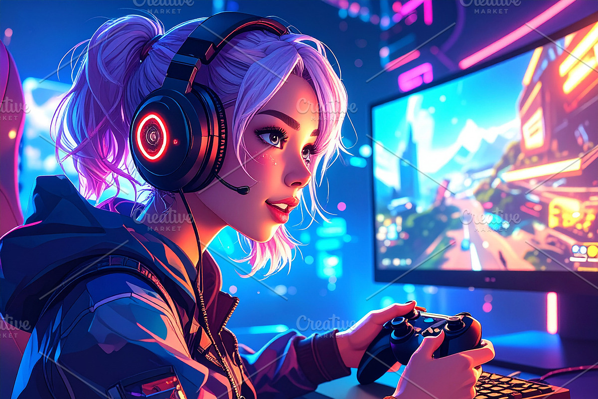 Gamer intensely focused on a video game, gripping a controller w, an Illustration by DanFLCreativo