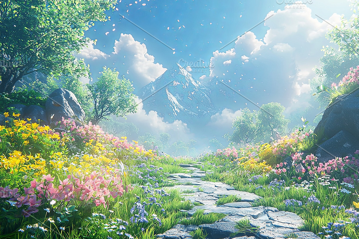 Pathway Through Blooming Floral Field Leading Towards Majestic Mountain Peaks, an Illustration by AS photostudio