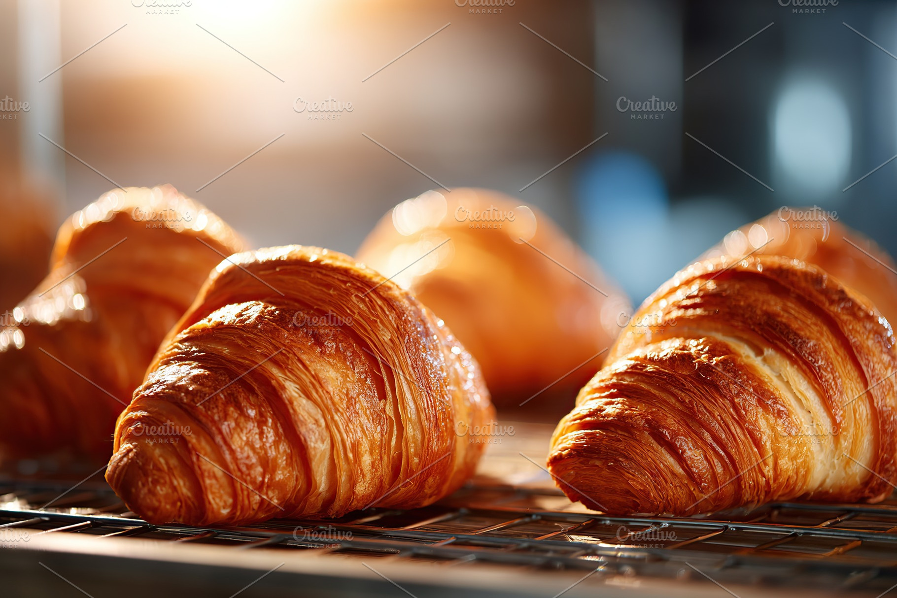 Golden baked croissants neatly stacked on a cooling rack in a warm kitchen sett, a Food & Drink Photo by AlyaAnd