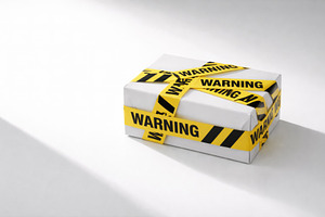 Package wrapped in yellow warning ta, a Photo by Dvoevnore photos