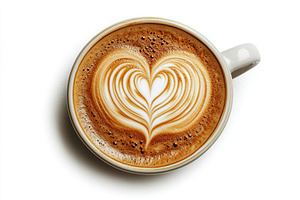 Cup of cappuccino with drawn heart on white background, flat lay, a Food & Drink Photo by AlyaAnd
