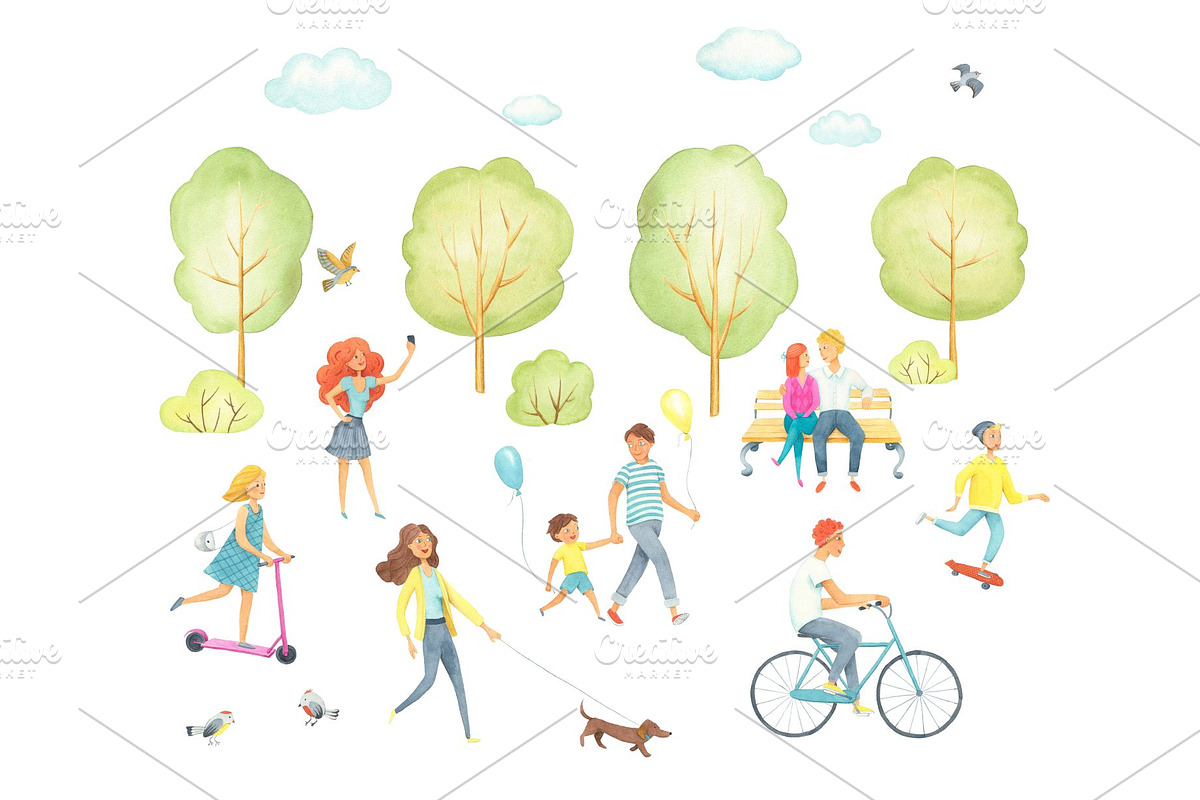 Big set watercolor walking people., a Sport Illustration by Kattarina Po (Photo 5 of 6)