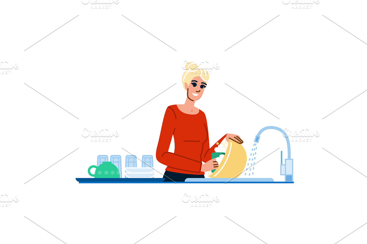 Woman washing dishes in kitchen sink, an Object Illustration by pikepicture