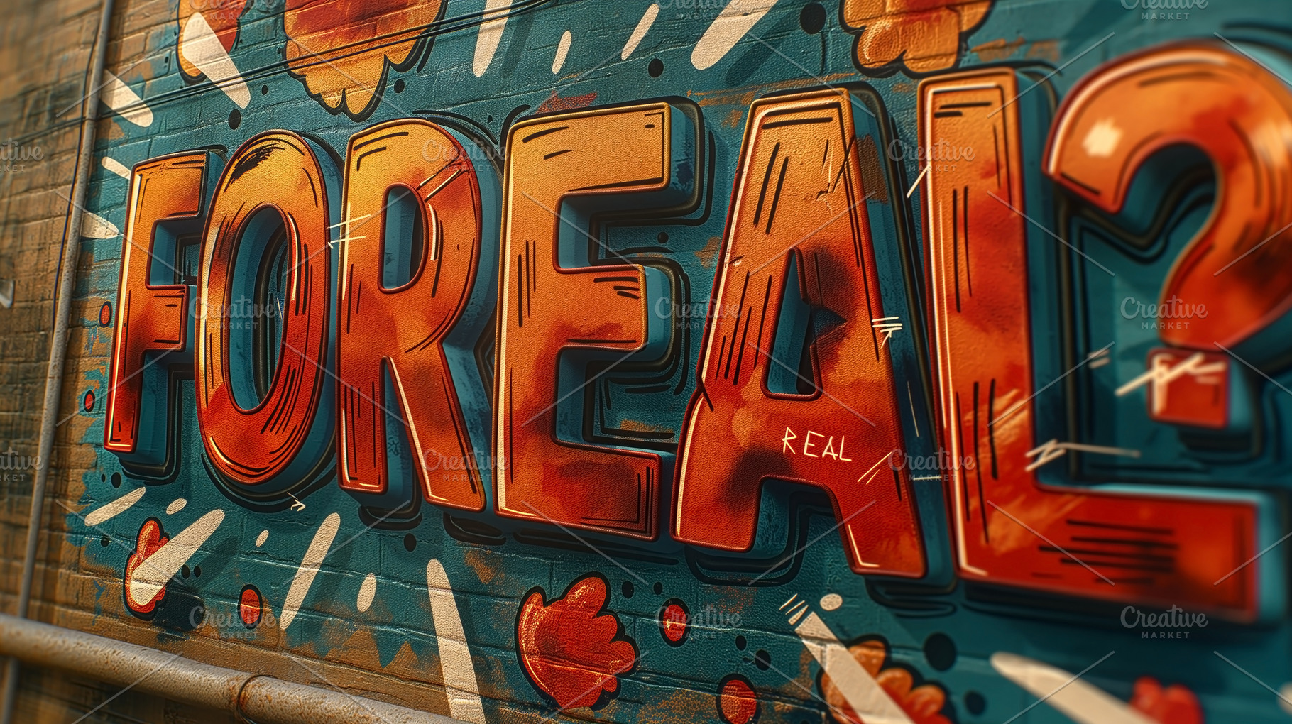 A vibrant street art mural featuring the bold text 'FOREAL?' in vivid colors, c, a Background Photo by ImageMir
