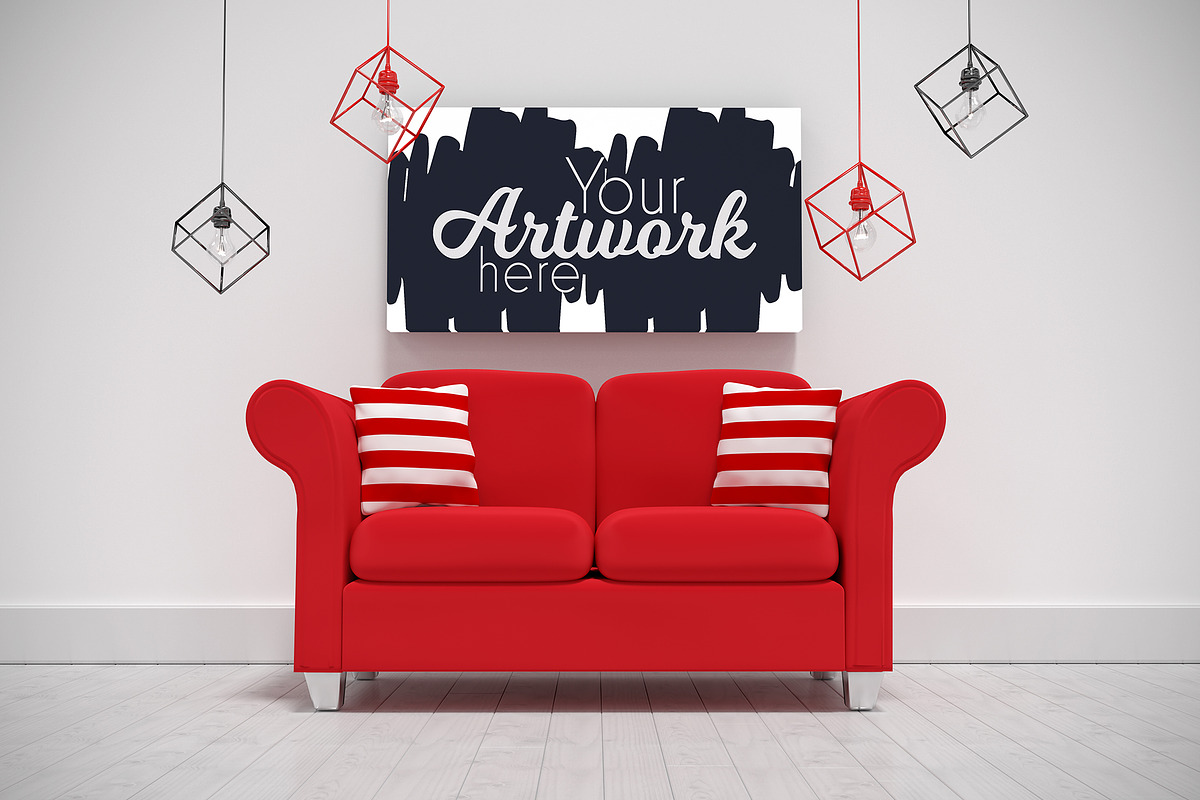 Canvas Hanging Over Sofa Mockup, a Poster Template by wavebreak