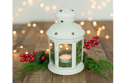 Lantern with Christmas ornaments on, a Holiday Photo by Mineko