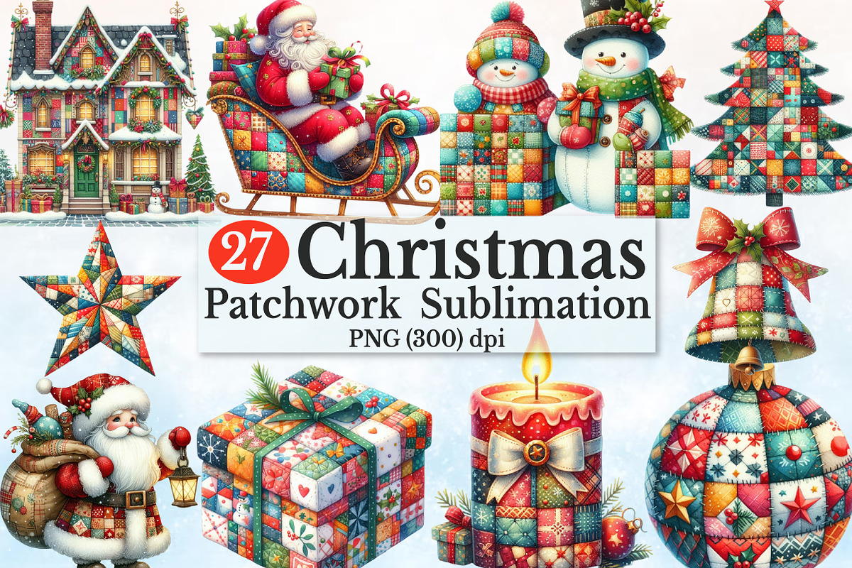 Watercolor Patchwork Christmas Clipa, a Seasonal Illustration by Rose Art (Photo 1 of 3)