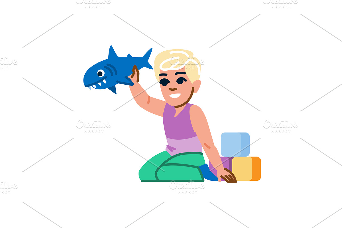 Blond boy playing with plush shark, an Education Illustration by pikepicture