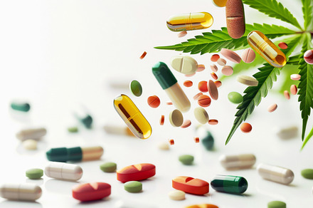 Colorful pills and cannabis leaves scattered on white background, a Photo by Dvoevnore photos