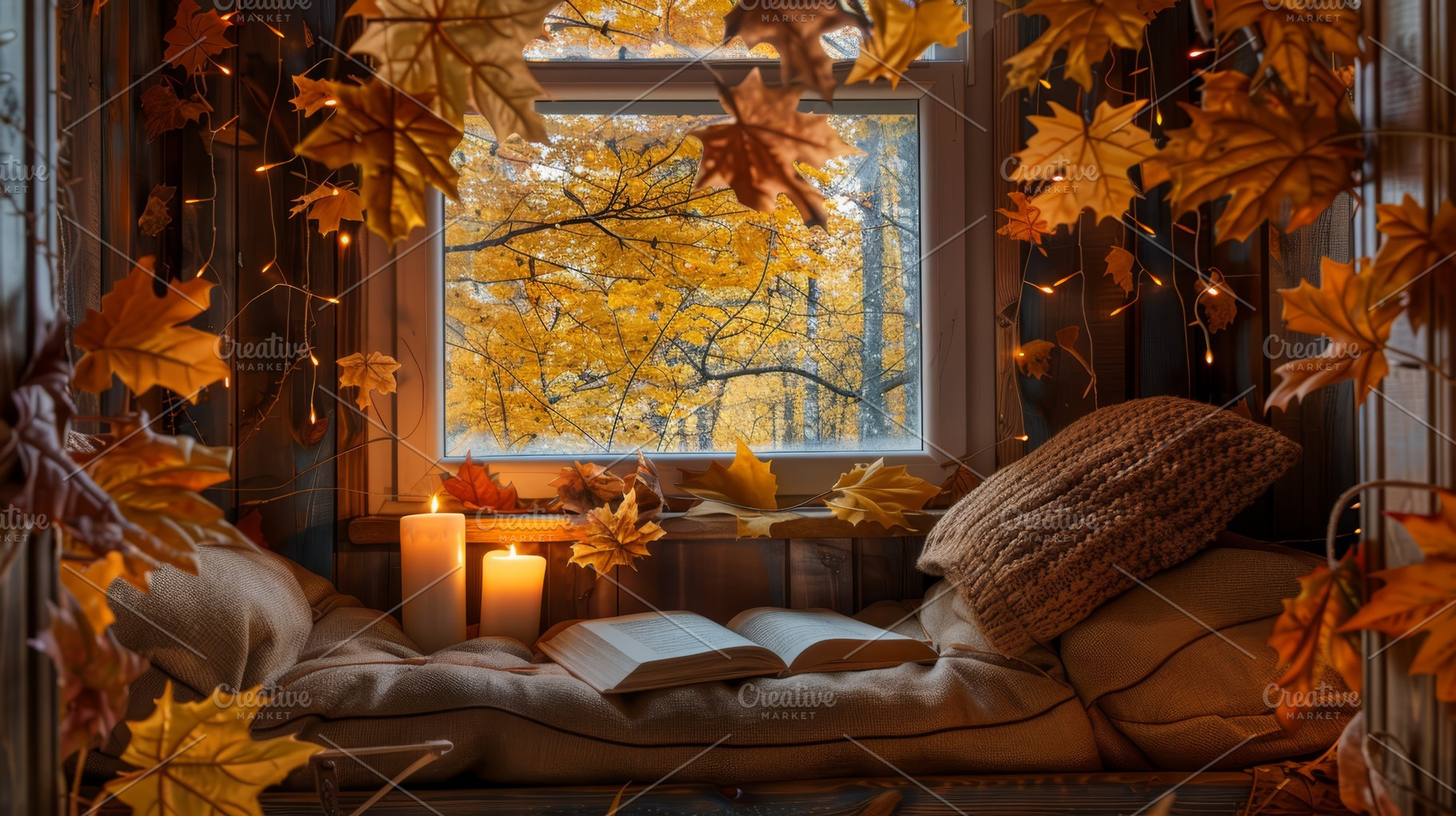 Intimate and cozy setting with a book, lit candles, and autumn leaves framing a, a Holiday Photo by Mashimara