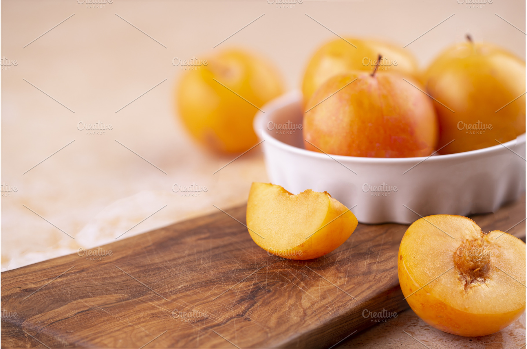 Close-up of yellow plums in a white, a Food & Drink Photo by Diary of impressions