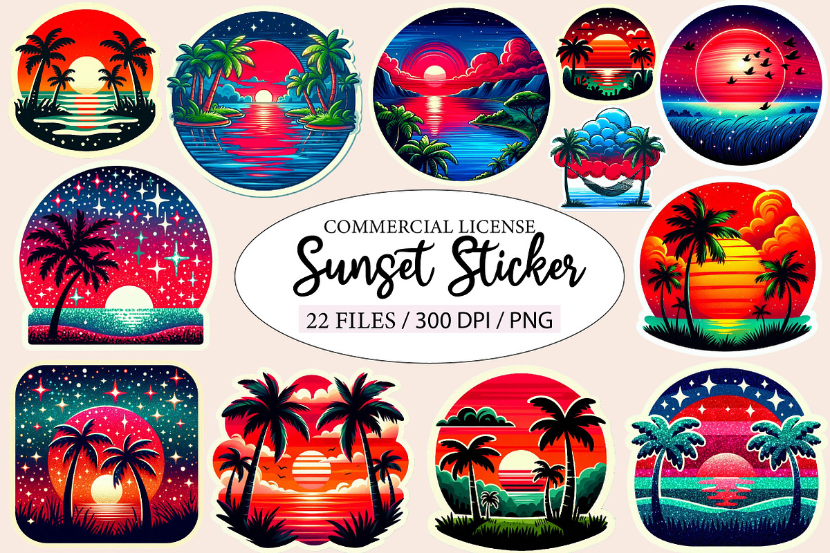 Sunset Sticker Clipart Bundle, an Illustration by Designworld (Photo 1 of 6)