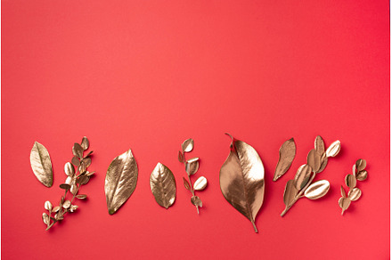 Golden leaves on red background. Top, a Nature Photo by Enjoy Photo