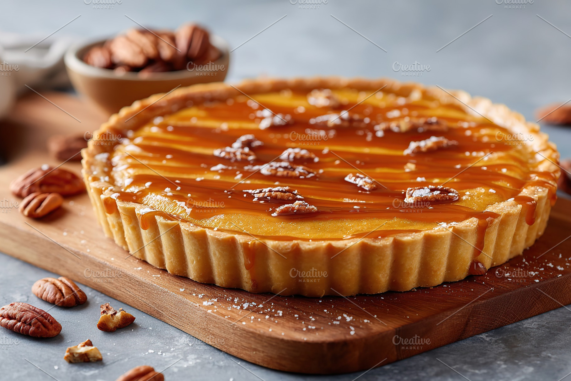 Delicious pecan pie with caramel topping on a wooden board in a kitchen setting, a Photo by AlyaAnd