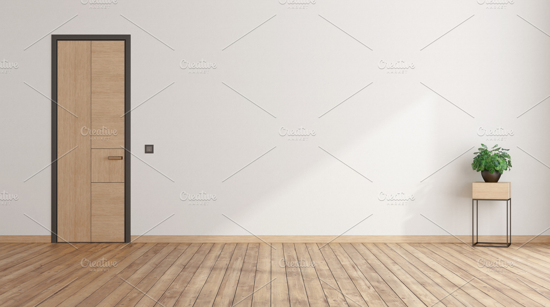 Empty room with closed door and houseplant, an Architecture Photo by Archideaphoto