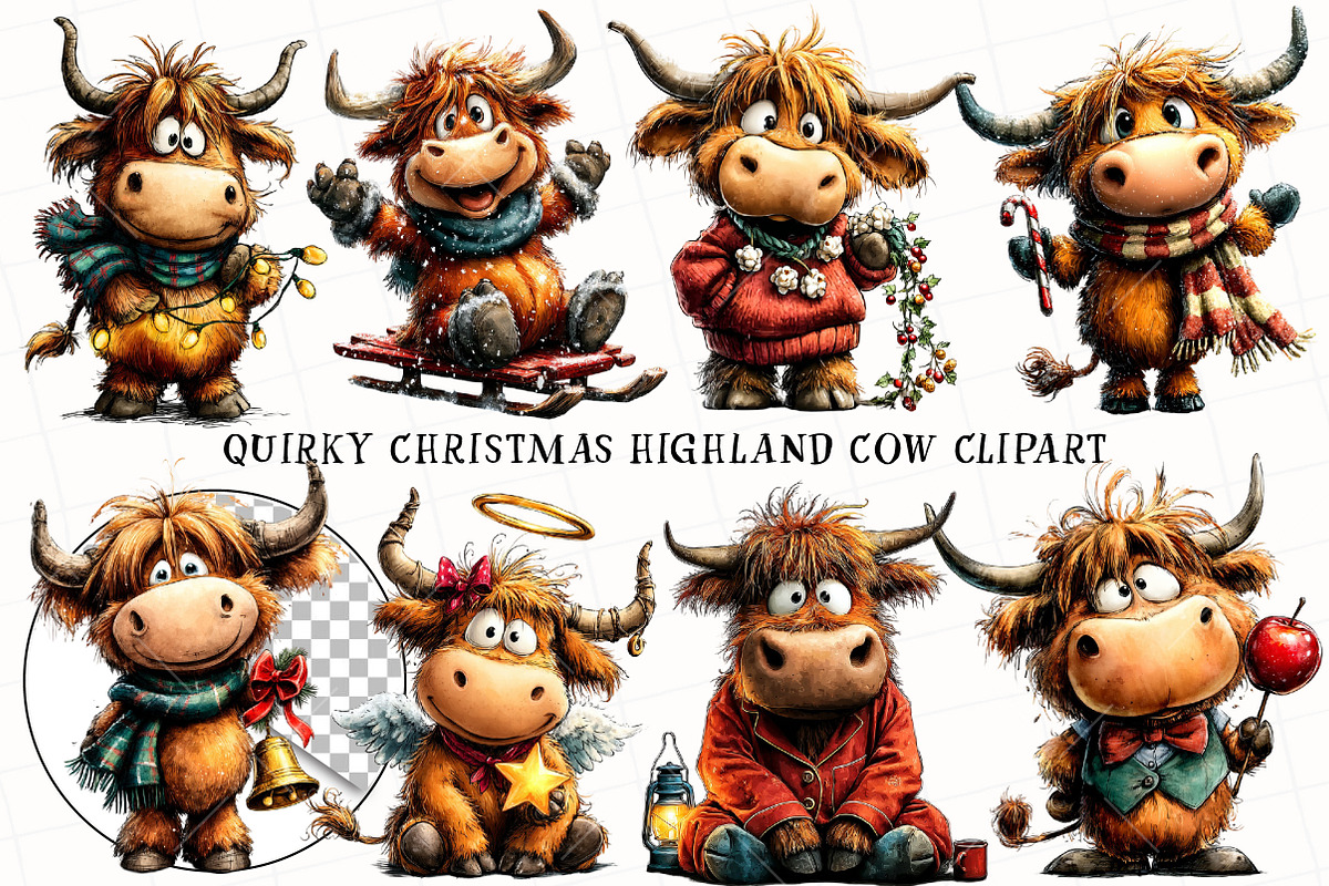 Quirky Christmas Highland Cow Clipar, an Illustration by OK Design (Photo 2 of 6)