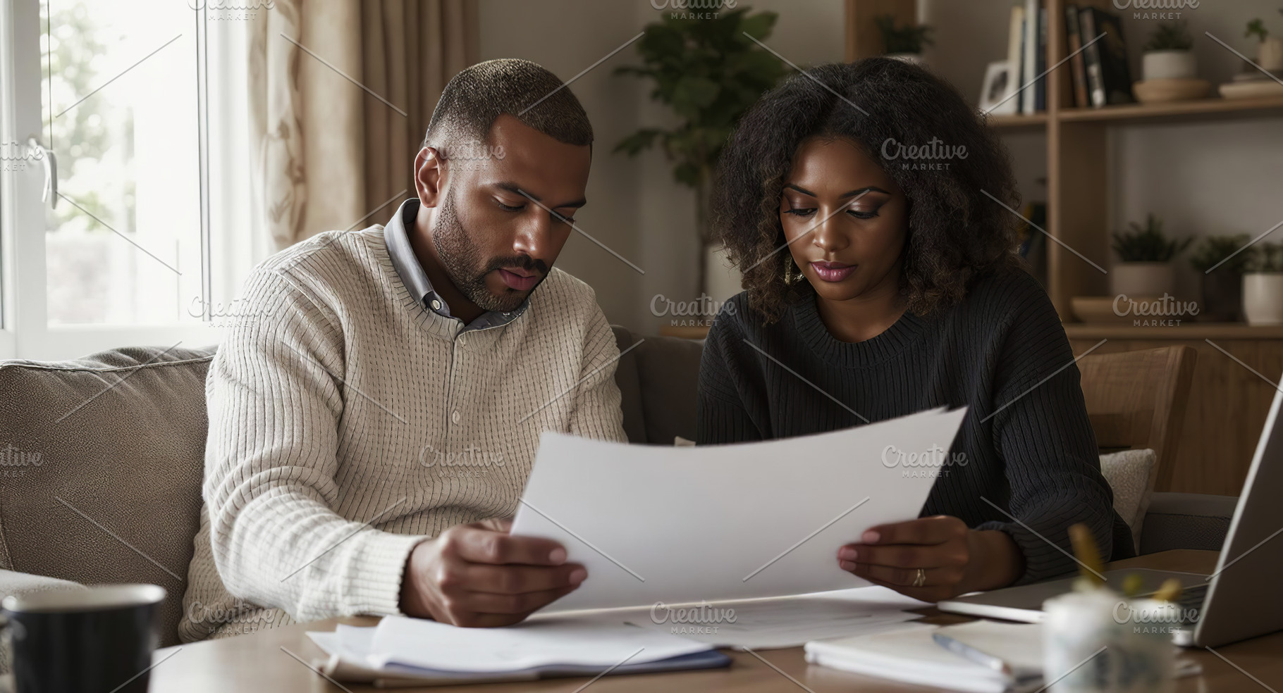 Young couple reviewing financial doc, a Business Photo by Perpis
