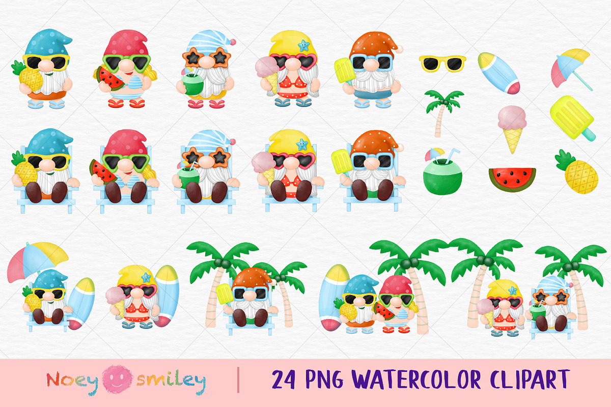 Watercolor Gnomes Summer Beach Clipa, an Illustration by Noey smiley (Photo 2 of 8)
