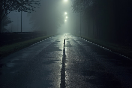 Mysterious dark road stretching into the distance and fading int, a Transportation Photo by Studio Light & Shade
