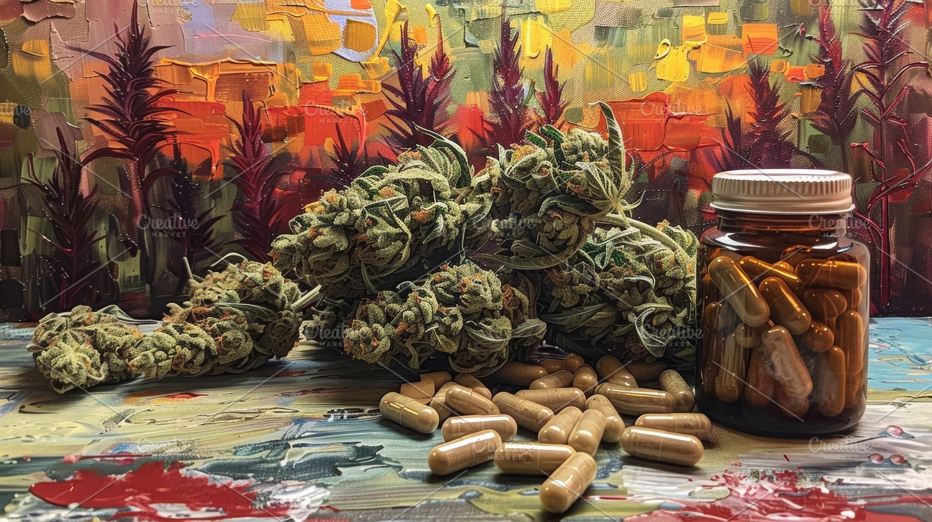 Medical marijuana buds and capsules with artistic background, a Photo by AS photostudio