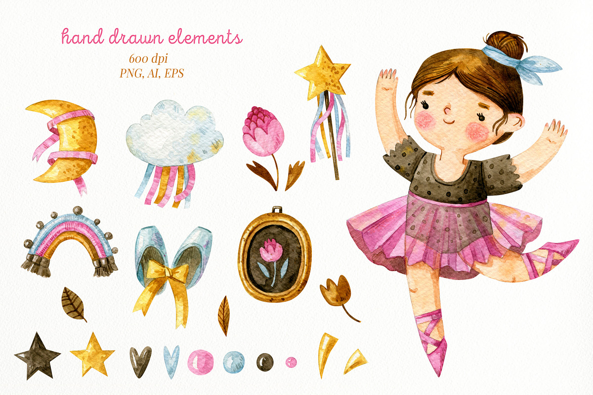 Watercolor cute ballerina. Girl set., an Illustration by babenkoirusa (Photo 2 of 10)