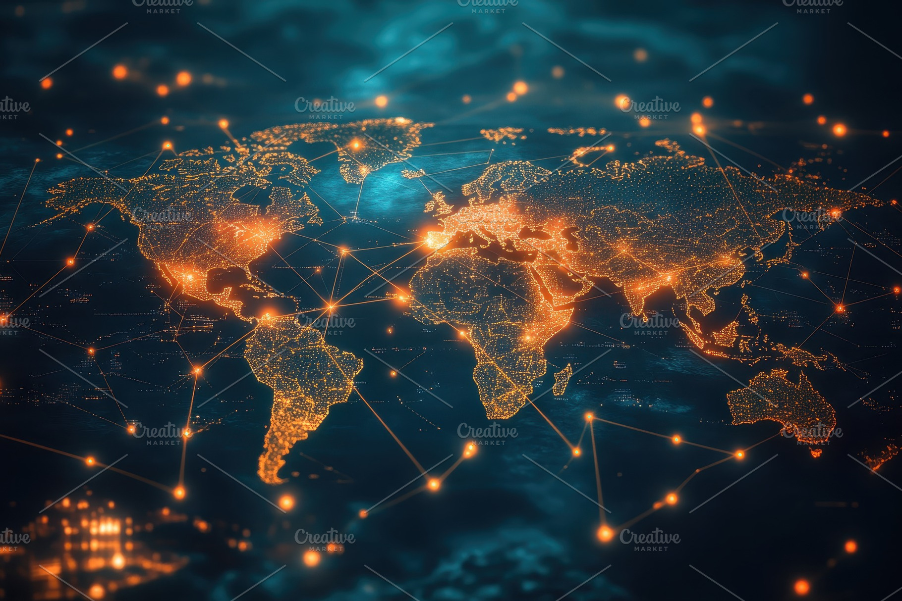 World map with glowing lines, a Transportation Photo by Pavel_design