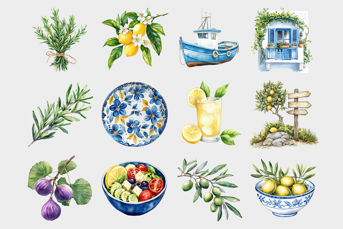 Mediterranean Coastal Life Clipart, a Seasonal Illustration by Design ...