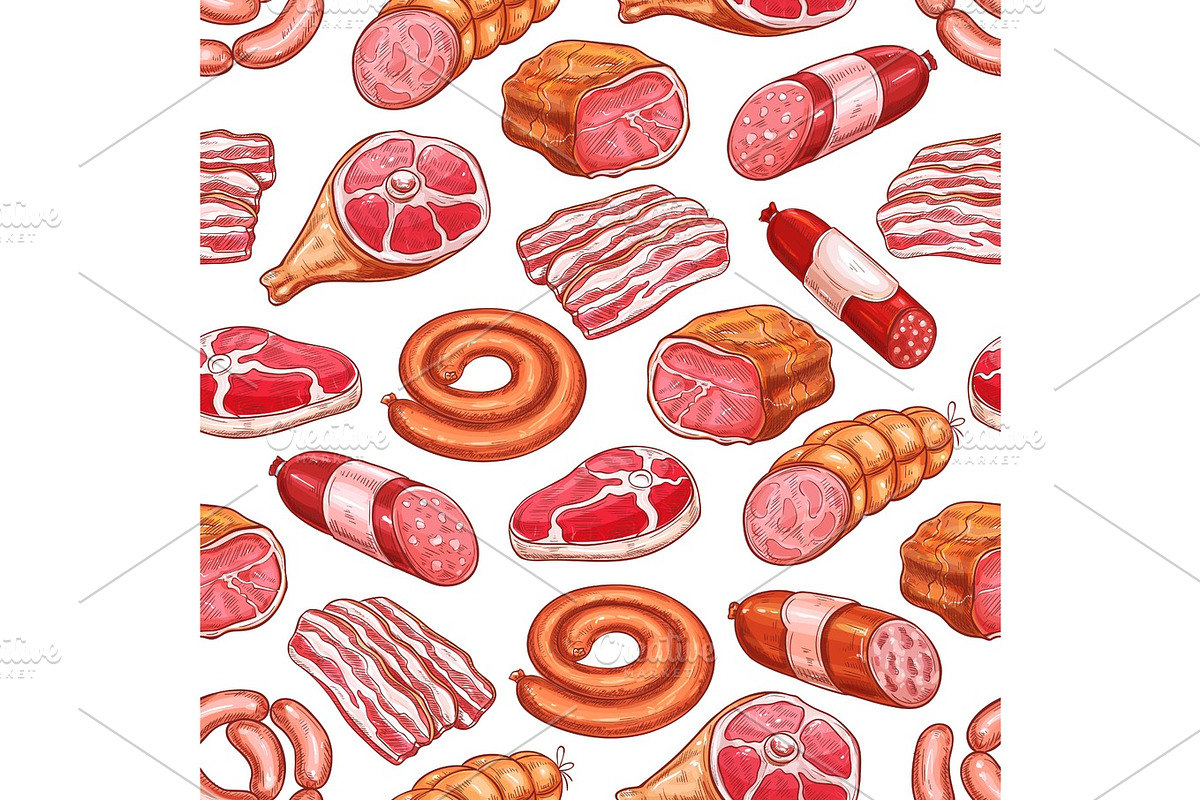 Vector seamless pattern of butchery meat products, a Food Illustration ...