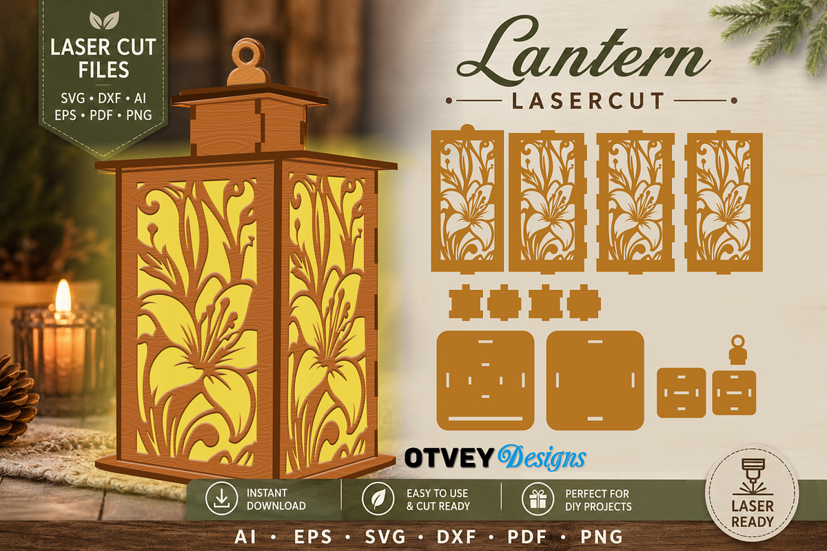 Floral Lantern SVG Bundle Laser Cut, a Decorative Illustration by OTVEY DESIGN (Photo 3 of 14)
