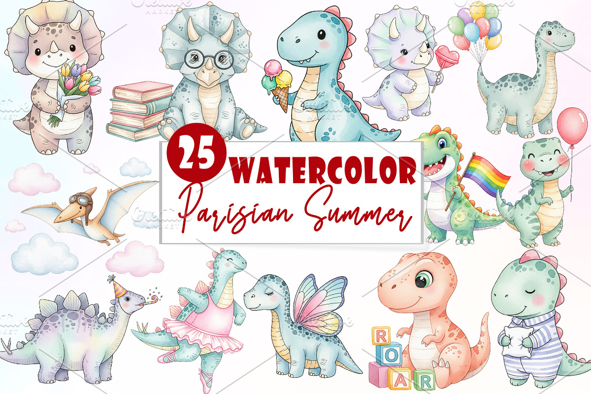 Pastel Dinosaur Clipart, an Illustration by Watercolor design (Photo 1 of 6)