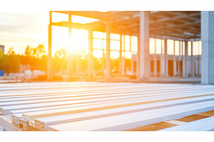 Sunlit construction site with stacks, an Industrial Photo by Lermont51
