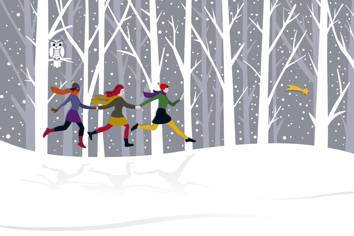 Christmas Three Girls Running, an Illustration by ÁRTICA