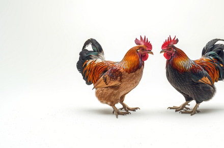 Two Colorful Roosters Facing Each Other Isolated on White Background, a Photo by AS photostudio